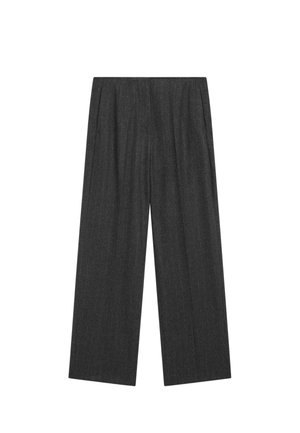 Pantaloni ampi a pieghe grigi realizzati in un tessuto testurizzato con sottili righe verticali, dotati di vita alta e design a lunghezza completa.