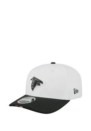White and black baseball cap with Atlanta Falcons logo on front and New Era logo on side, featuring a curved brim and fitted design.
