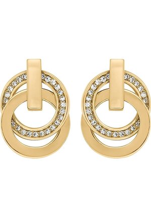 Paire de boucles d'oreilles double anneau doré, un anneau lisse et l'autre orné de petits cristaux clairs, avec des attaches rectangulaires à clous.