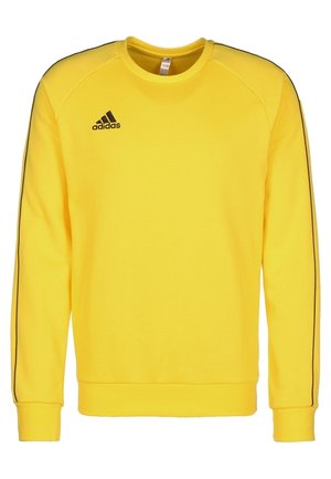 Gelbes Sweatshirt mit Rundhalsausschnitt, langen Ärmeln, schwarzen Seitenstreifen und einem gestickten schwarzen Adidas-Logo auf der linken Brust.