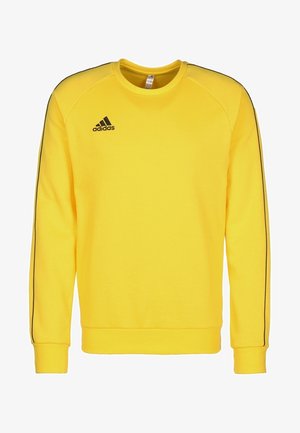 Gelbes Sweatshirt mit Rundhalsausschnitt, langen Ärmeln, schwarzen Seitenstreifen und einem gestickten schwarzen Adidas-Logo auf der linken Brust.