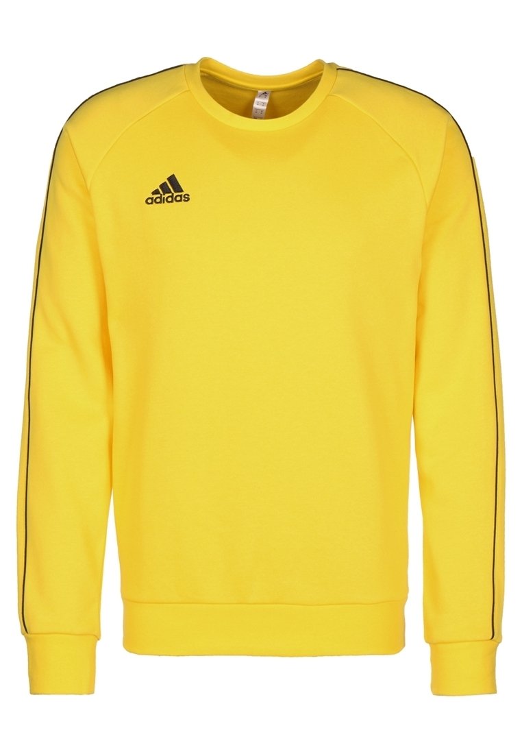 Geel sweatshirt met een ronde hals, lange mouwen, zwarte zijstrepen en een geborduurd zwart Adidas-logo op de linkerkant van de borst.