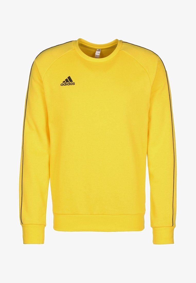 Geel sweatshirt met een ronde hals, lange mouwen, zwarte zijstrepen en een geborduurd zwart Adidas-logo op de linkerkant van de borst.