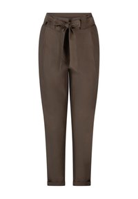 Bruine op maat gemaakte broek met een riem in de taille, met een soepele textuur en een cropped lengte, omgeslagen manchetten en twee voorzakken.