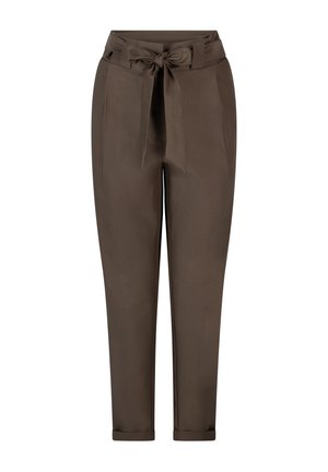 Bruine op maat gemaakte broek met een riem in de taille, met een soepele textuur en een cropped lengte, omgeslagen manchetten en twee voorzakken.