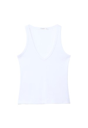 White, sleeveless V-neck tank top made of smooth fabric, featuring a straight hem and no visible hardware or accents.