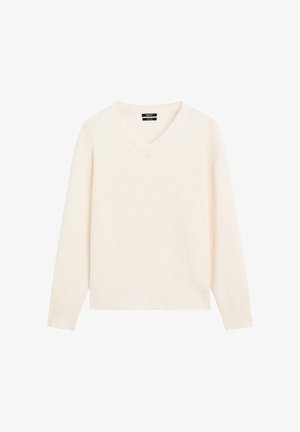 V-hals strikket sweater i blød creme, med lange ærmer og ribbet kant. Glat tekstur med minimal detaljer og en afslappet pasform.