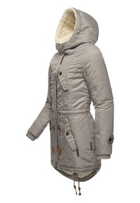 Gray insulated parka with a faux fur-lined hood, drawstring waist, zippered and buttoned pockets, and ribbed cuffs. Smooth texture and durable design.