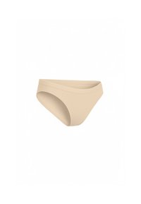 Beige bikinibroekje van gladde stof, met een taille die laag zit en licht gebogen zijkanten voor een comfortabele pasvorm. Geen patronen of metalen details.