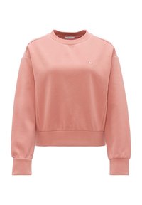 Felpa rosa con scollo rotondo, maniche lunghe e polsini a costine; presenta un piccolo emblema a forma di cuore sul petto e una vestibilità comoda.