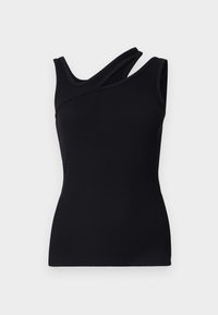 Svart ribbet tank topp med et asymmetrisk design som har en stropp som krysser over skulderen. Glatt tekstur og tettsittende fasong.