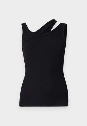 Black ribbed tank top with an asymmetric design featuring one strap crossing over the shoulder. Smooth texture and fitted shape.