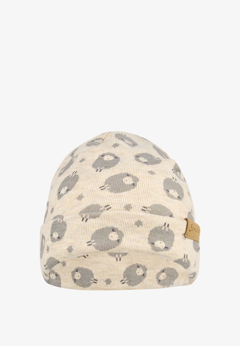 Knit hat in light beige with a sheep pattern in gray. Features a folded cuff and a brown logo tag. Soft texture and flexible fit.
