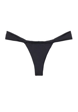 Sort bikiniunderdel med brede sidestropper og en smal, højtskåret front mod en hvid baggrund.