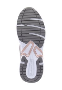 Sole delle sneaker Calvin Klein jeans, con una base in gomma grigia, intersuola bianca e un motivo di design unico. Accentuato da dettagli in rosa oro.