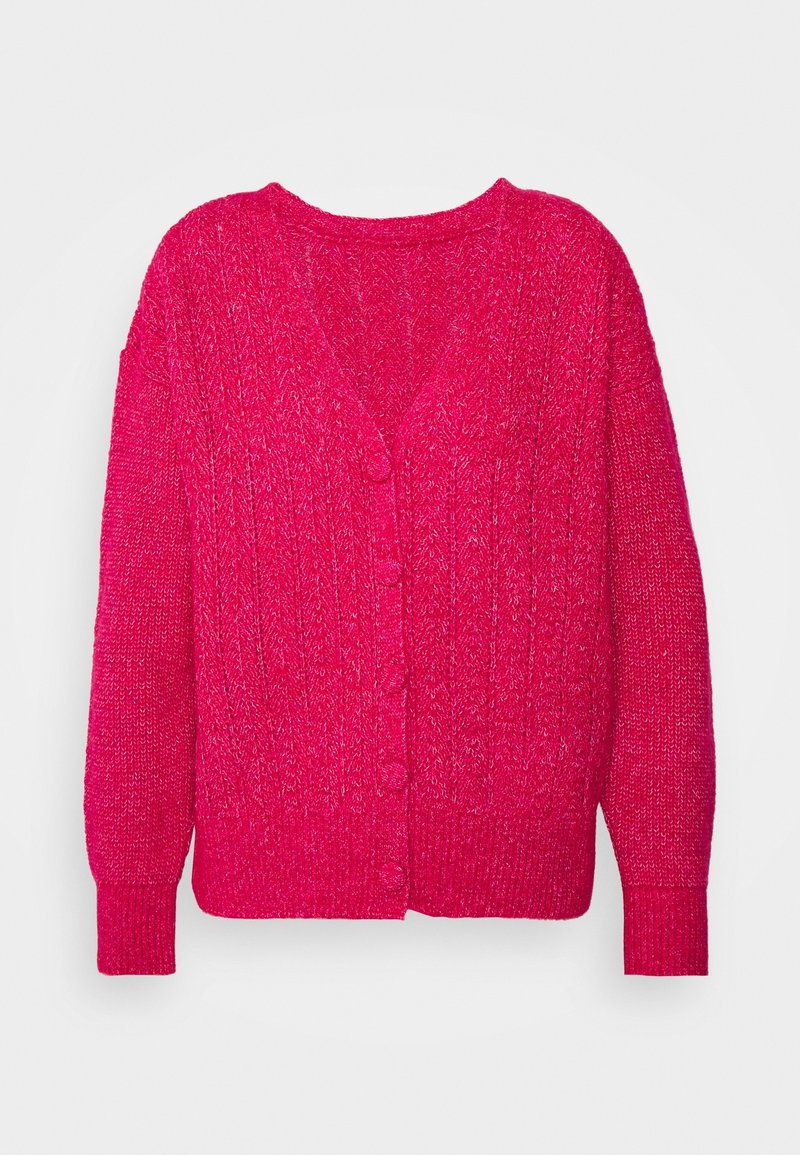 Fuchsia knitted cardigan featuring a V-neck, long sleeves, and button closures. Textured pattern throughout, with ribbed cuffs and hem.