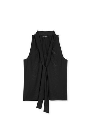 Black sleeveless top with a V-neck and a twisted front detail. Made of lightweight material with a soft texture. No visible patterns.