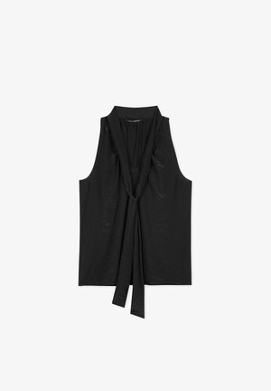 Black sleeveless top with a V-neck and a twisted front detail. Made of lightweight material with a soft texture. No visible patterns.