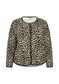 Jachetă cu imprimeu de leopard, cu guler rotund, accente negre și închidere cu nasture. Confecționată dintr-un material moale, cu mâneci lungi și croială lejeră.
