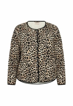 Chaqueta de leopardo con cuello redondo, acentos negros y cierre de botón. Fabricada en tejido suave, cuenta con mangas largas y un corte holgado.
