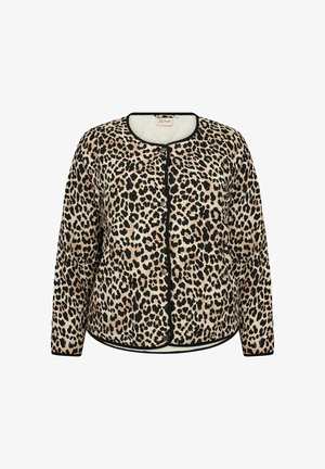 Leopardenmuster-Jacke mit Rundhalsausschnitt, schwarzen Akzenten und Knopfverschluss. Aus weichem Material gefertigt, mit langen Ärmeln und lockerer Passform.