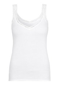 Valge ribaga tank top V-kaelusega, millel on õrn pitsäär kaelaääres ja õlavarre rihmadel. Pehme, tekstureeritud puuvillane materjal.