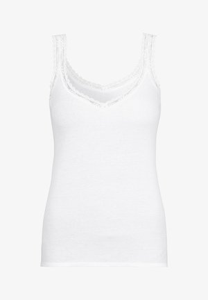 Biała, prążkowana koszulka na ramiączkach z dekoltem w serek, ozdobiona subtelną koronką wzdłuż dekoltu i ramiączek. Miękka, teksturowana bawełniana tkanina.