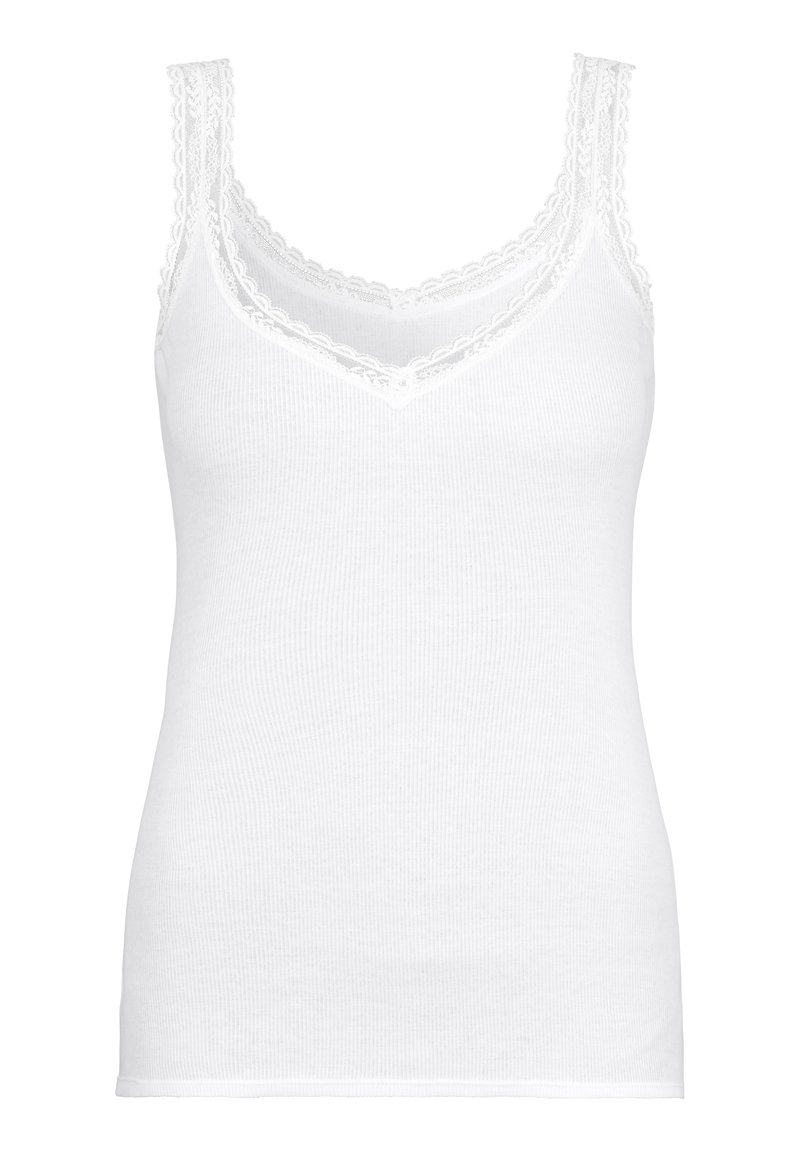Valge ribaga tank top V-kaelusega, millel on õrn pitsäär kaelaääres ja õlavarre rihmadel. Pehme, tekstureeritud puuvillane materjal.