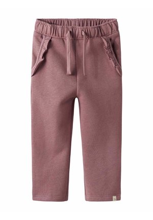 Dusty pink, cotton-blend jogger pants with an elastic waistband, drawstring, side pockets, and subtle ruffle detailing along pocket edges.