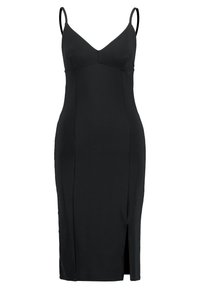 Schwarzes figurbetontes Kleid mit dünnen Trägern, V-Ausschnitt und einem seitlichen Schlitz. Aus strukturiertem Stoff gefertigt, besticht es durch ein schlankes, körperbetontes Design.