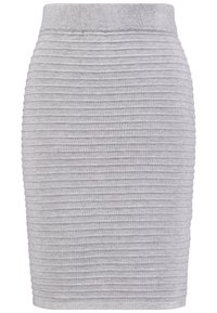 Jupe crayon grise côtelée avec une silhouette ajustée, un tissu texturé à rayures horizontales et une taille élastique.