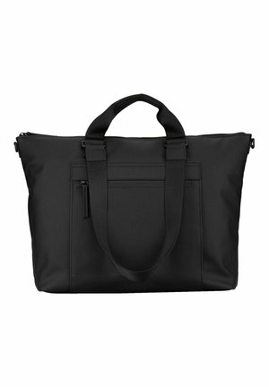 Sac fourre-tout noir avec deux poignées courtes, une poche zippée à l'avant et une fermeture éclair au sommet sur fond blanc.