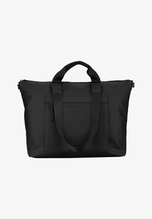 Sac fourre-tout noir avec deux poignées courtes, une poche zippée à l'avant et une fermeture éclair au sommet sur fond blanc.