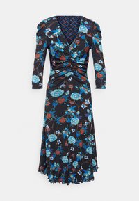Robe longue noire avec manches trois-quarts, taille froncée, col en V et imprimé floral bleu et orange.