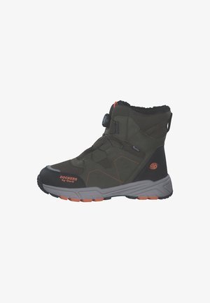 Mid-height boots in dark green textile with black and orange accents. Features a toggle closure, textured upper, and rugged gray sole.