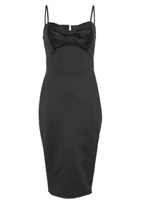 Svart bodycon-klänning med tunna axelremmar och en stor rosettdetalj vid bröstet. Tillverkad av ett mjukt material, figursydd, knä-length design.