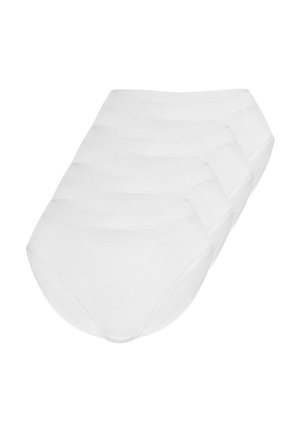 Stapel von vier schlichten weißen Damen-Baumwollslips mit elastischem Bund, diagonal auf weißem Hintergrund angeordnet.