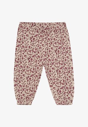 Buks i bomuld med elastisk talje. Kreme farve som base med maroon blomster mønstre og grønne blad akcentuer. Elastiske mansjetter ved anklerne.