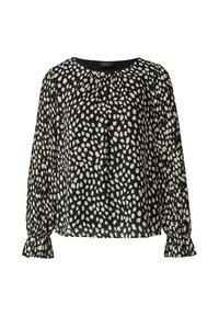 Schwarze Bluse mit weißen unregelmäßigen Punkten, Rundhalsausschnitt, gefälteter Vorderseite und langen Ärmeln mit gerafften Rüschensäumen. Weicher, leichter Stoff.