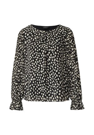 Zwarte blouse met witte onregelmatige stippen, ronde halslijn, geplooide voorkant en lange mouwen met gepufferde ruffels. Zacht, lichtgewicht materiaal.