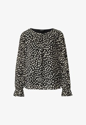 Czarna bluzka w białe nieregularne kropki, okrągły dekolt, plisowany przód oraz długie rękawy z marszczonymi falbanami. Miękka, lekka tkanina.