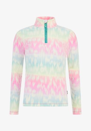 Flis pulover s visokim ovratnikom. Ima zadrgo u tirkiznoj boji. Mekana tekstura s pastelnim tie-dye uzorkom u ružičastoj, zelenoj i plavoj boji.