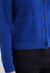 Modrý texturovaný cardigan s plyšovým povrchem, obsahující náprsní kapsu a černé knoflíky. Žebrované manžety a lem. Nosený přes tmavé kalhoty.