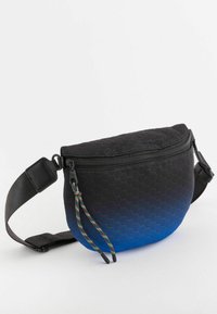 Czarna i niebieska gradientowa nerka z wzorem w szeregach komórek, zamek błyskawiczny oraz kolorowa pleciona pętla. W zestawie regulowany pasek.