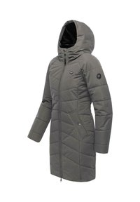 Grå vadderad damjacka med huva, som har dragkedja fram, sidofickor och en slät yta.