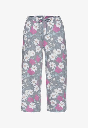 Leichte, graue Blumenhose mit einem Zugband, die mit weißen und rosa Blumenmustern versehen ist, geraden Beinen und einem lockeren Schnitt.