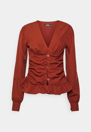 CINCHED WAIST FRILL HEM LONG SLEEVE - Blusa - rust