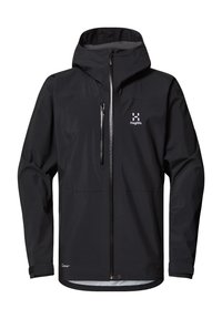 Zwarte waterdichte jas met een doorlopende rits, verstelbare capuchon en elastische manchetten. Beschikt over twee vo pockets en een logo aan de bovenlinkerkant.