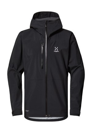 Zwarte waterdichte jas met een doorlopende rits, verstelbare capuchon en elastische manchetten. Beschikt over twee vo pockets en een logo aan de bovenlinkerkant.