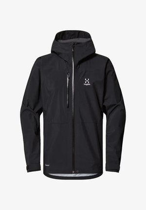 Zwarte waterdichte jas met een doorlopende rits, verstelbare capuchon en elastische manchetten. Beschikt over twee vo pockets en een logo aan de bovenlinkerkant.